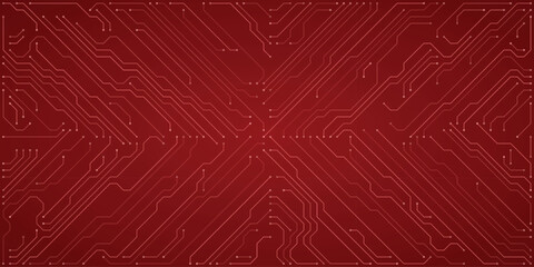 Red circuit board pattern with detailed lines and nodes on a dark red gradient background representing technology, data, and electronic systems