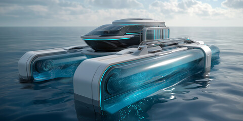 수질정화 기능을 갖춘 미래형 해양 정화 보트, 초현실적 일러스트-A futuristic ocean purification boat with water purification capabilities, a surreal illustration