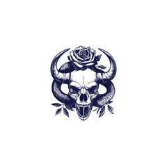 Naklejka premium illustration featuring a horned skull with sharp fangs, intertwined with a snake, leaves, and crowned with a single rose flower