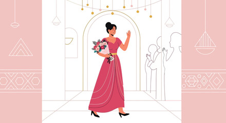 Elegant Woman Departing, A Farewell Bouquet, And A Stylish Pink Gown Composition