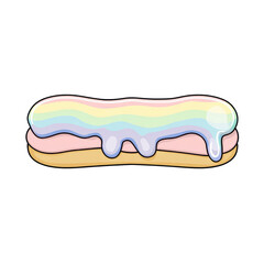 Cartoon style eclair pastry with pale rainbow colored dripping glaze on a light pink filling