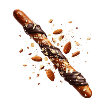Chocolate covered pretzel rod with whole and chopped almonds flying against black