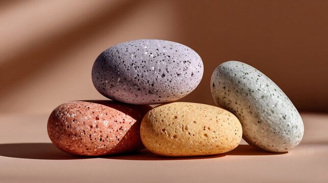 Speckled pastel stones pink background, Abstract colored rock product display, Minimalist modern pebble arrangement