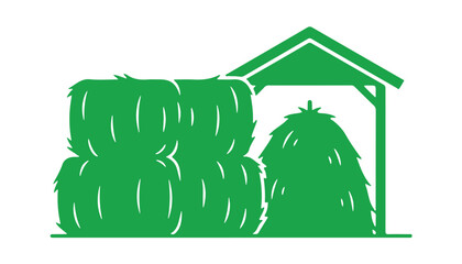Icon featuring hay. A green silhouette showcasing rectangular bales or gathered haystacks in a hayloft. Dry grass or straw included.