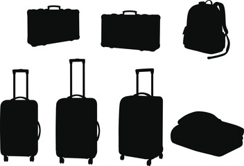 Travel bags, luggage silhouettes, briefcase icons, backpack shape, rolling suitcase, duffel bag, tourism gear, black vector, isolated set, vacation essentials