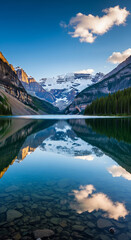 Fototapeta premium Serene Mountain Lake Reflection Under a Blue Sky, Capturing Tranquility and Nature's Beauty at Sunrise