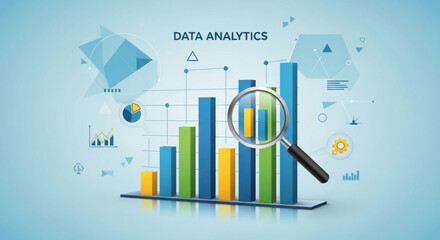 Data analytics concept with bar graph, magnifying glass, and geometric shapes, illustrating business analysis and insights on blue background