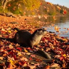 Otter in Autumn Leaves by the Waters Edge.