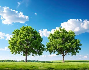 Fototapeta premium Two Trees Standing Tall Under a Bright Blue Sky.