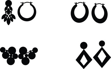 Set of four elegant earring vector illustrations with geometric, floral, hoop and dangling jewelry designs, decorative fashion accessory silhouette art © Snigdha Creatives