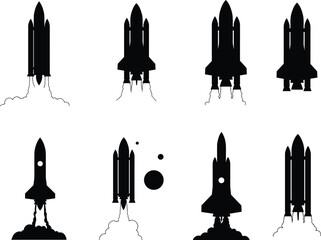 Rocket launch silhouettes, space exploration, black icons, flame trail, boosters, liftoff, spacecraft, vector illustration, isolated, celestial, planets, orbit, ignition, propulsion, astronautics, 