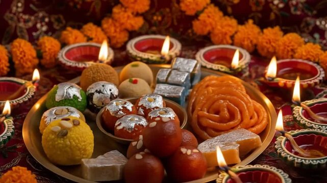 Vibrant diwali celebration featuring traditional sweets and glowing diya lamps
