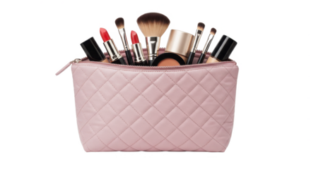 Makeup Bag with Assorted Cosmetics and Brushes isolated on transparent png