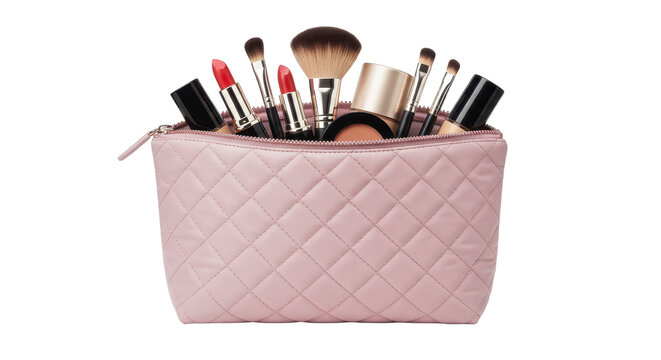 Makeup Bag with Assorted Cosmetics and Brushes isolated on transparent png