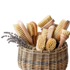 Wicker Basket Filled with Natural Bristle Brushes and Lavender isolated on a transparent background