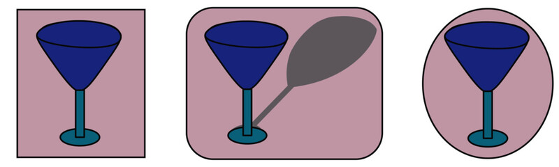 Set of three flat design martini glass icons with shadows and varied backgrounds including square rounded rectangle and circle illustrating beverage and celebration concepts