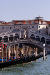 Fototapeta premium A line of traditional black gondolas moored to wooden poles on the Grand Canal, with the elegant stone arch of the historic Rialto Bridge visible in the sunny background.