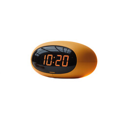 Yellow egg shaped digital alarm clock displaying 1020 isolated on a transparent background