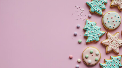 Pastel cookies tree shape star cookie round cookie pink background icing sugar sprinkles copy space holiday dessert festive baking. Pastel cookies decorate pink background with tree shape