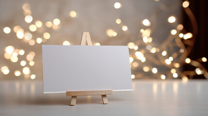Blank card mini easel warm bokeh soft light festive glow wooden stand empty space mockup copy space holiday ambiance Minimal blank card mini easel with warm bokeh and soft light, festive glow