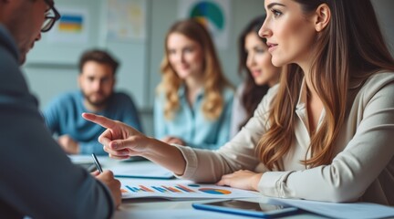 leadership education sector concept. Team collaboration during a business meeting with charts and discussion.