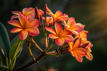 Vibrant Plumeria flowers bloom in tropical sunset illumination.