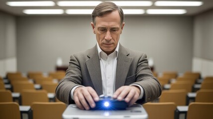 leadership education sector concept. Man using a projector in a seminar room filled with empty chairs.