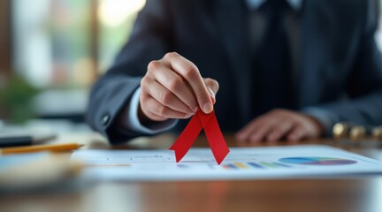 leadership education sector concept. Hand placing a red ribbon on a financial report in a business setting.