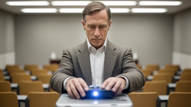 leadership education sector concept. Man using a projector in a seminar room filled with empty chairs.