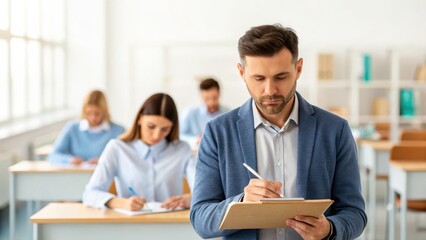 leadership education sector concept. Teacher observing students during a classroom exam setting.
