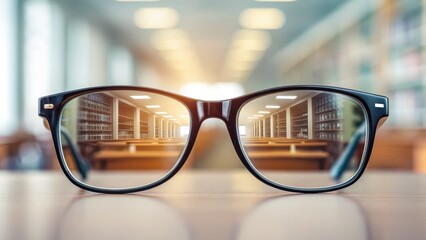 leadership education sector concept. Glasses reflecting a library scene, showcasing focus and knowledge.