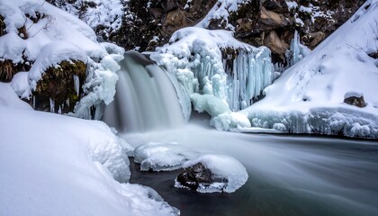 Winter wonderland scene with icy waterfall and surrounding snowy landscape