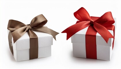 Obraz premium Two Small White Gift Boxes with Red and Brown Ribbons