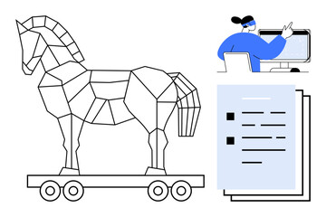 Geometric Trojan horse on wheels beside person working on computer and document visualization. Ideal for cybersecurity, hacking risks, digital threats, online crime, malware, IT security, cyber