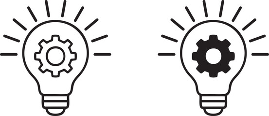 Two light bulb icons with gears inside, representing ideas and innovation, isolated on white background.