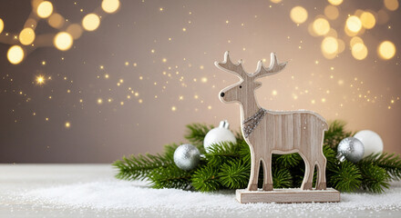 Minimalist Christmas Scene with Wooden Reindeer and Soft Bokeh Lights