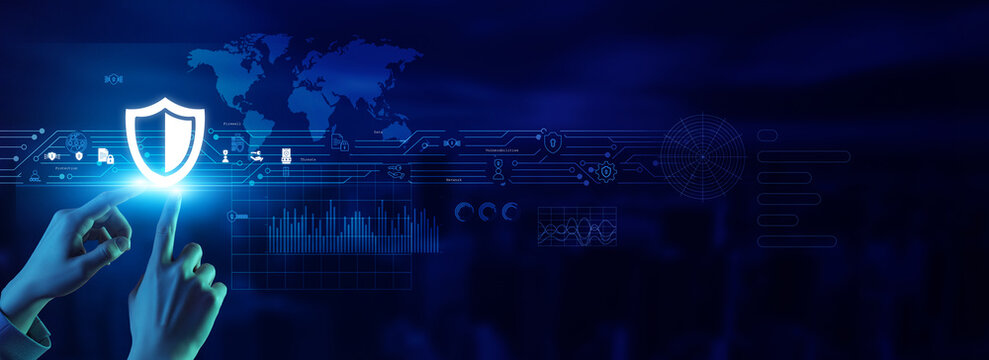 Specialist touching a cybersecurity icon provides protection, defense, a firewall, encryption, threat monitoring, a secure system, digital safety, network security, innovation, and resilience.