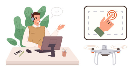 Professional at desk with headset gestures toward touchscreen showing finger tap, emphasizing quadcopter control. Ideal for technology, innovation, remote work, customer service, Quadcopter use