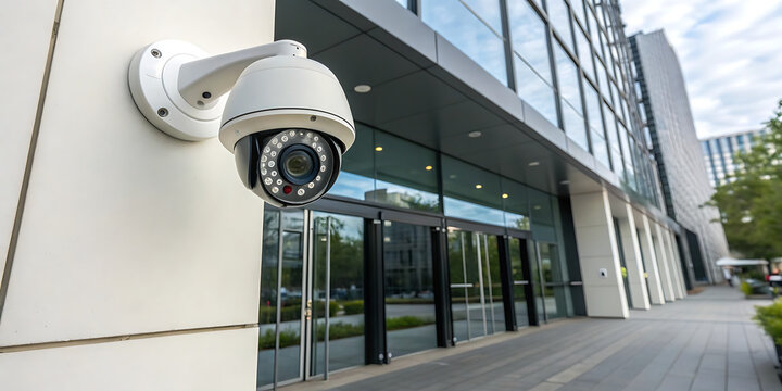 Security camera mounted on the wall of a modern office building, providing surveillance