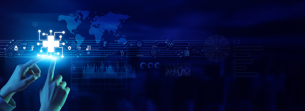 Doctor touching a healthtech icon advances innovation, telemedicine, wearable monitoring, data, healthcare technology, digital transformation, patient care, medical advancement, and wellness progress.