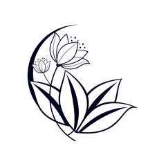 Elegant lotus flower with crescent moon line art vector design