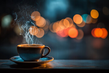 Obraz premium Selective focus on steaming coffee cup with blurred background lights