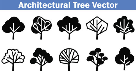 Diverse Architectural Tree Vector Set Featuring Various Styles and Silhouettes for Landscape Design and Visualization Projects Black and White