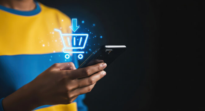 Person using smartphone for online shopping with glowing shopping cart icon and digital data overlay