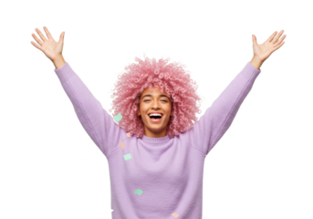 Joyful young woman with pink afro hair raising her arms in excitement isolated on transparent png