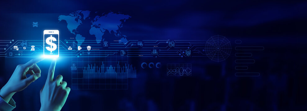 Banker touching a digital payment icon manages transactions, e-commerce, security, financial innovation, seamless transfers, mobile wallets, fintech technology, convenience, reliability, and growth.