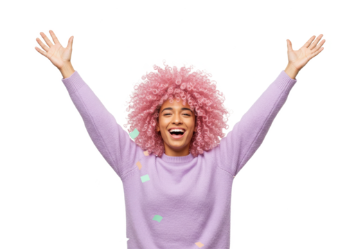 Joyful young woman with pink afro hair raising her arms in excitement isolated on transparent png