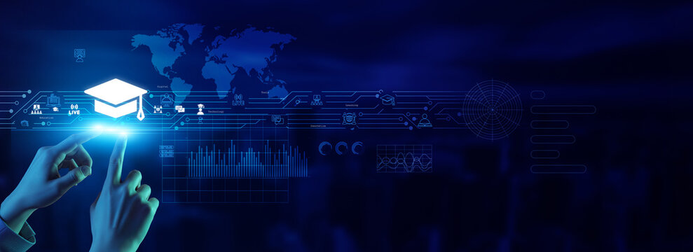 Educator touching an EdTech icon advances innovation, e-learning, a digital classroom, knowledge technology, progress, online education, smart teaching, student success, modern platforms, advancement.