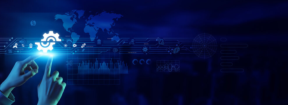 Administrator touching a settings icon controls configuration, control, customization, management, optimization, a digital interface, system updates, seamless operation, user experience, productivity.