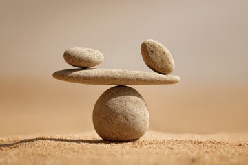 Balancing Stones on Sand in Serene Natural Setting